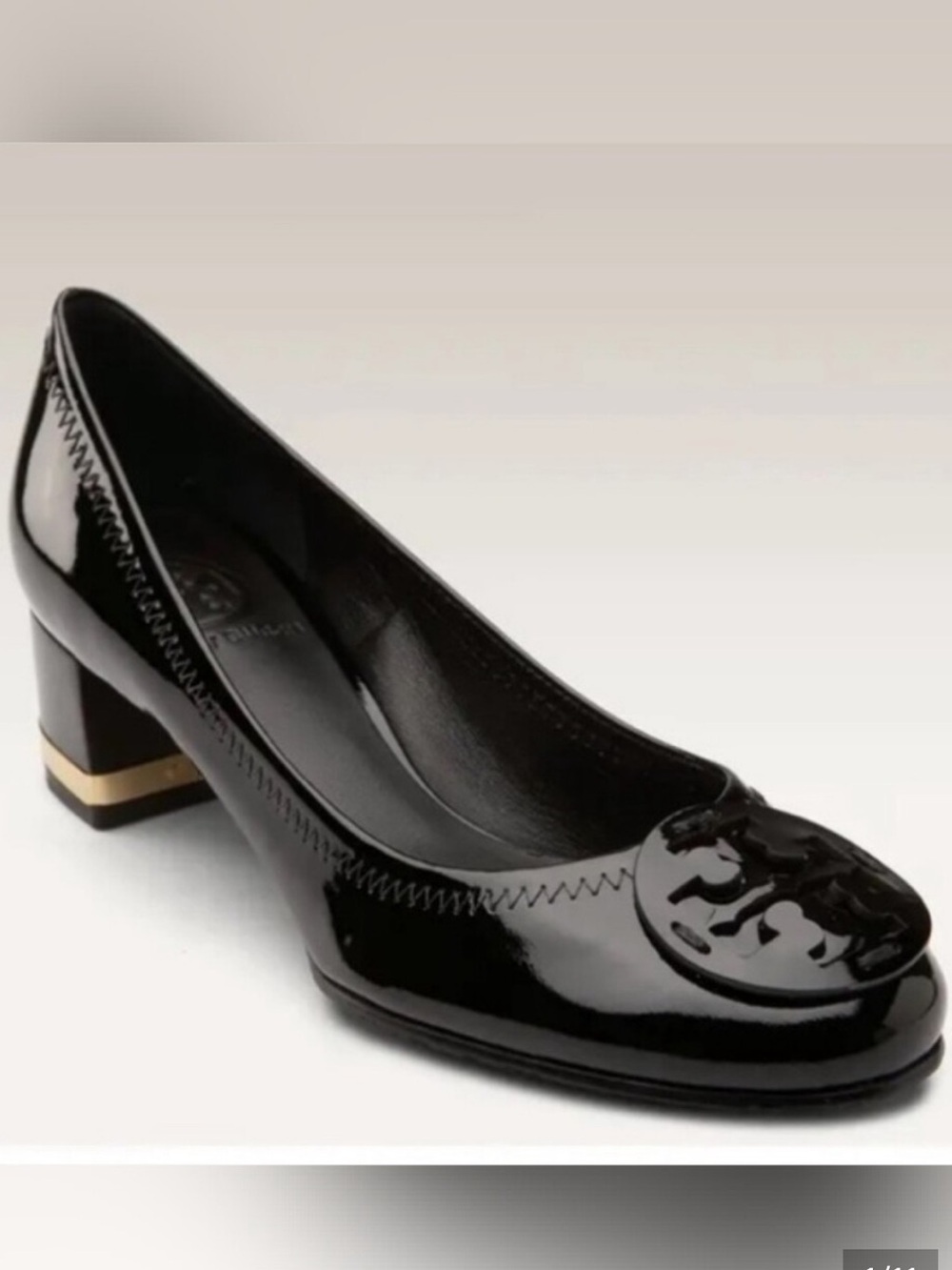 Tory Burch Amy Black Patent Low Block Heel Pump with Gold Accent Size 6.5